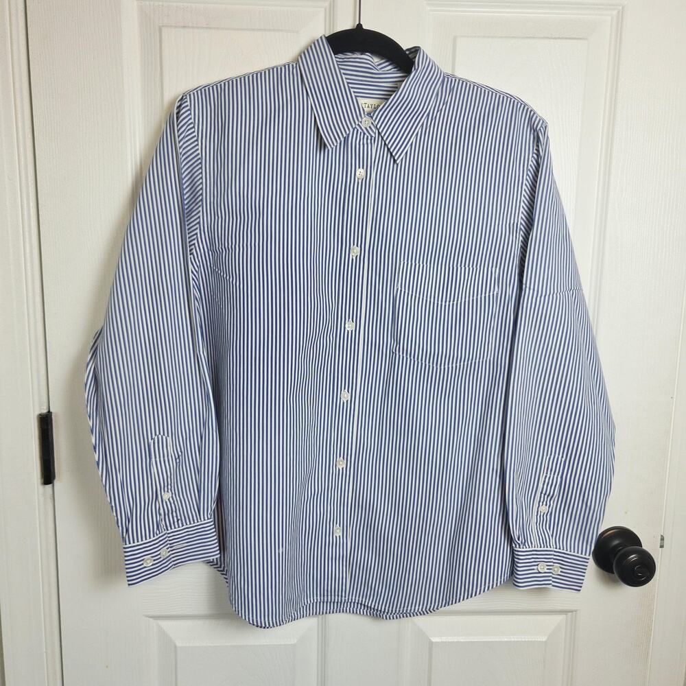 Ann Taylor Shirt Womens Medium Blue Striped Button Up Long Sleeve Cotton Pocket